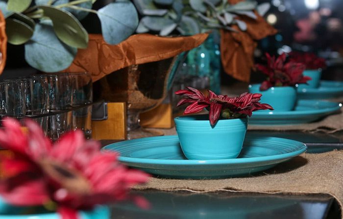 Blue Floral dinning set piecesBlanc Slate | Floral & Event Design | The Aviator Event Venue in Cleveland